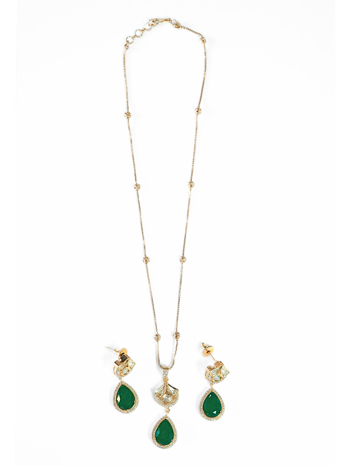 Emerald Teardrop AD Studded Necklace & Drop Earrings