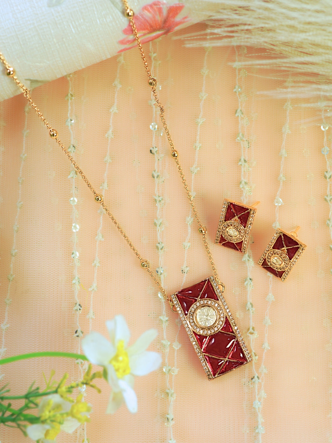 Rectangular Red Stone Kundan & AD Gold-Plated Necklace Set