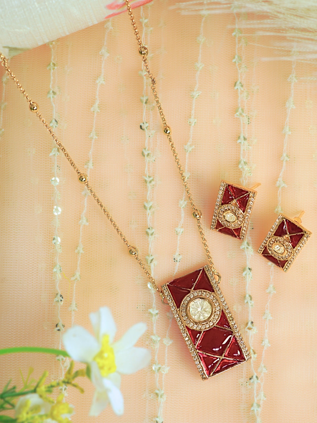 Rectangular Red Stone Kundan & AD Gold-Plated Necklace Set