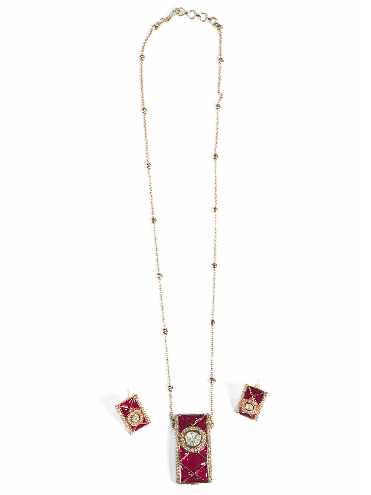 Rectangular Red Stone Kundan & AD Gold-Plated Necklace Set