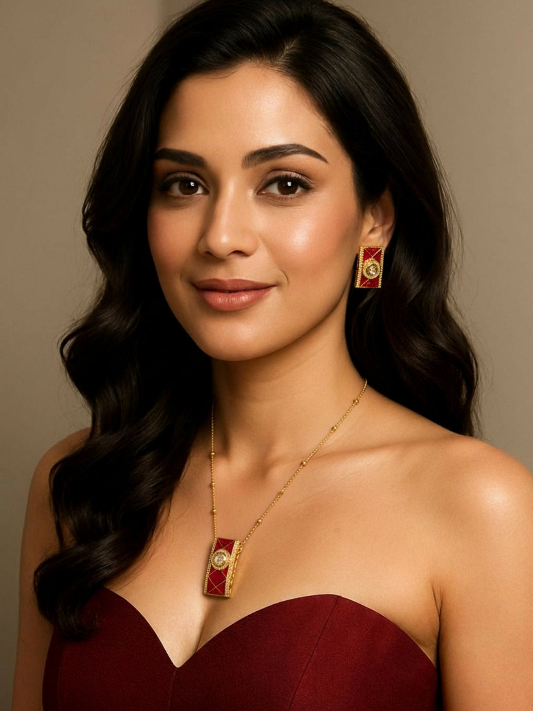 Rectangular Red Stone Kundan & AD Gold-Plated Necklace Set