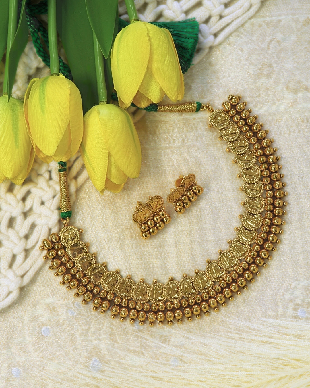 Gold-Plated 3-Layered Coin Stud Necklace Set