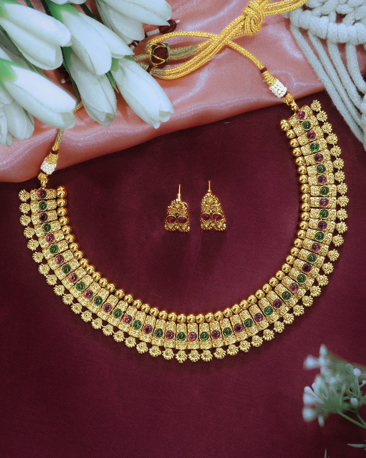 Red & Green Stone Gold-Plated Necklace Set