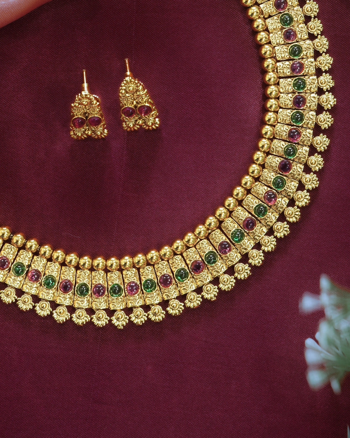 Red & Green Stone Gold-Plated Necklace Set