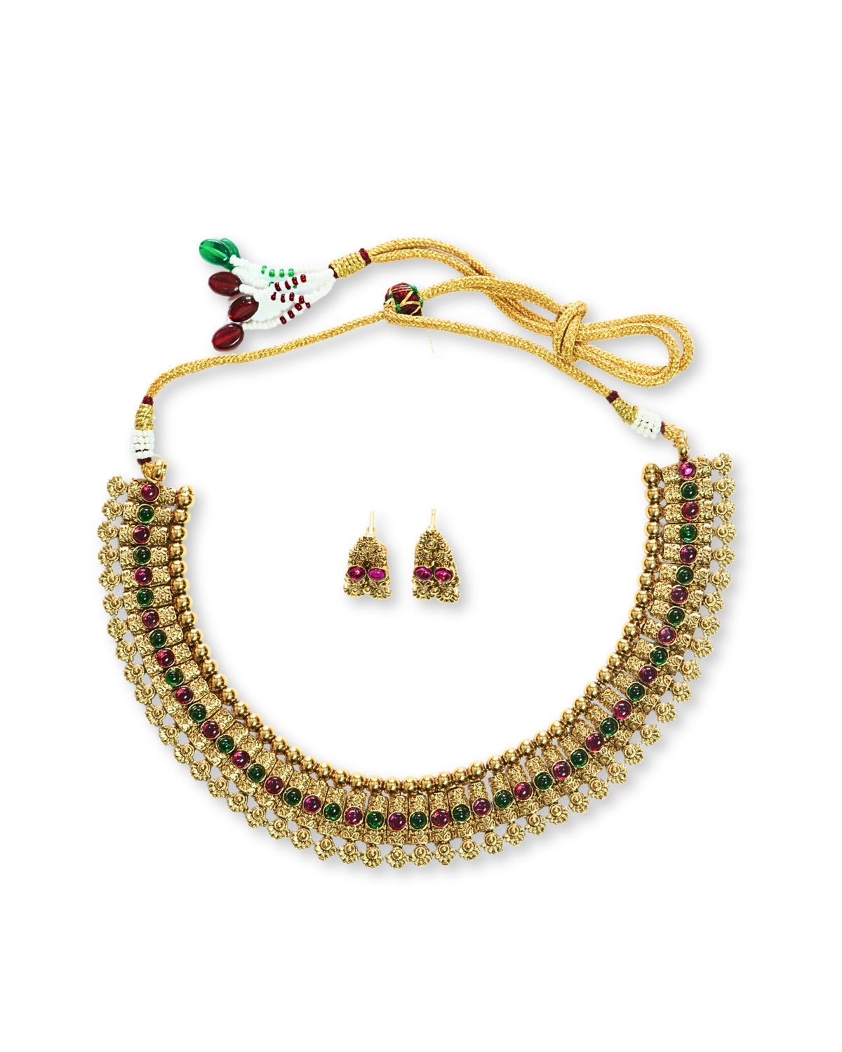 Red & Green Stone Gold-Plated Necklace Set