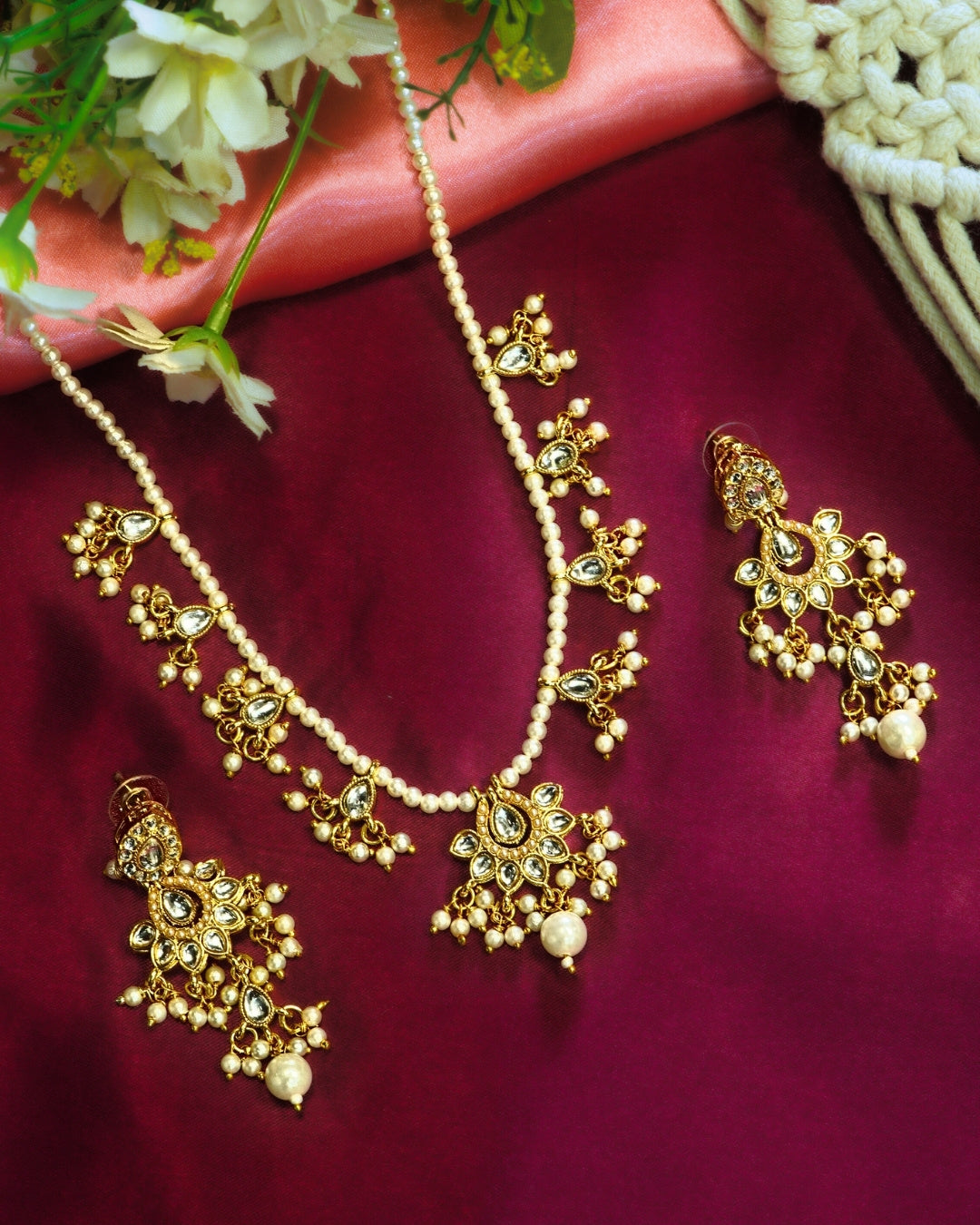 Pearl Kundan & Beaded Necklace Set with Danglers