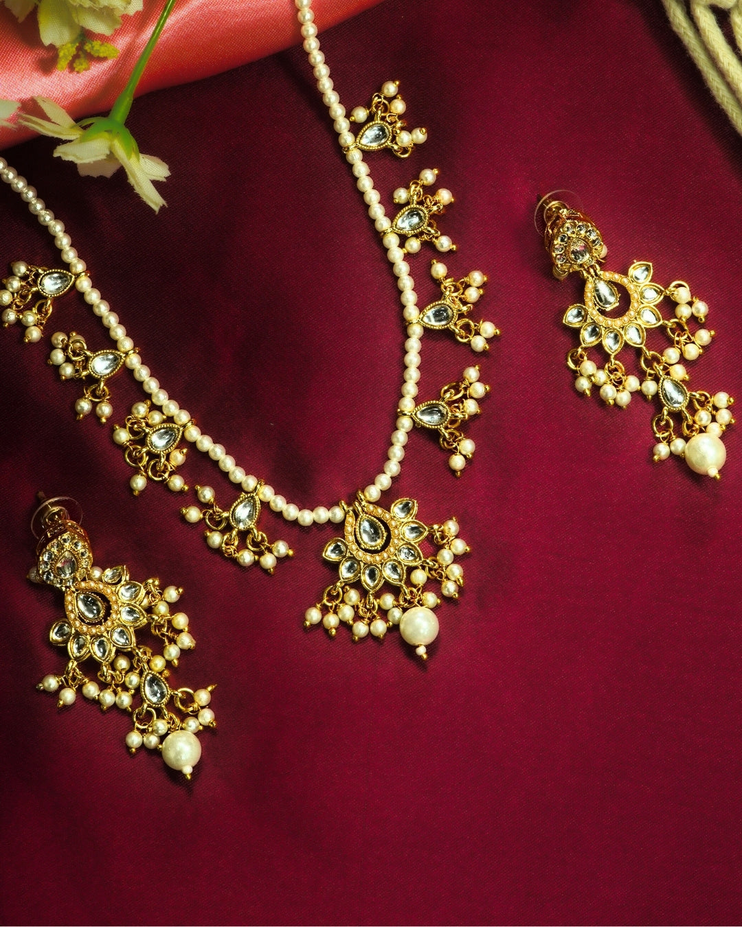 Pearl Kundan & Beaded Necklace Set with Danglers