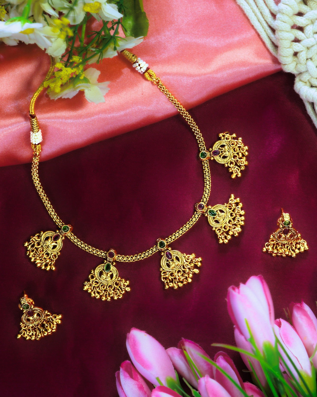 Gold-Plated Artificial Stone & Beaded Dangling Necklace Set