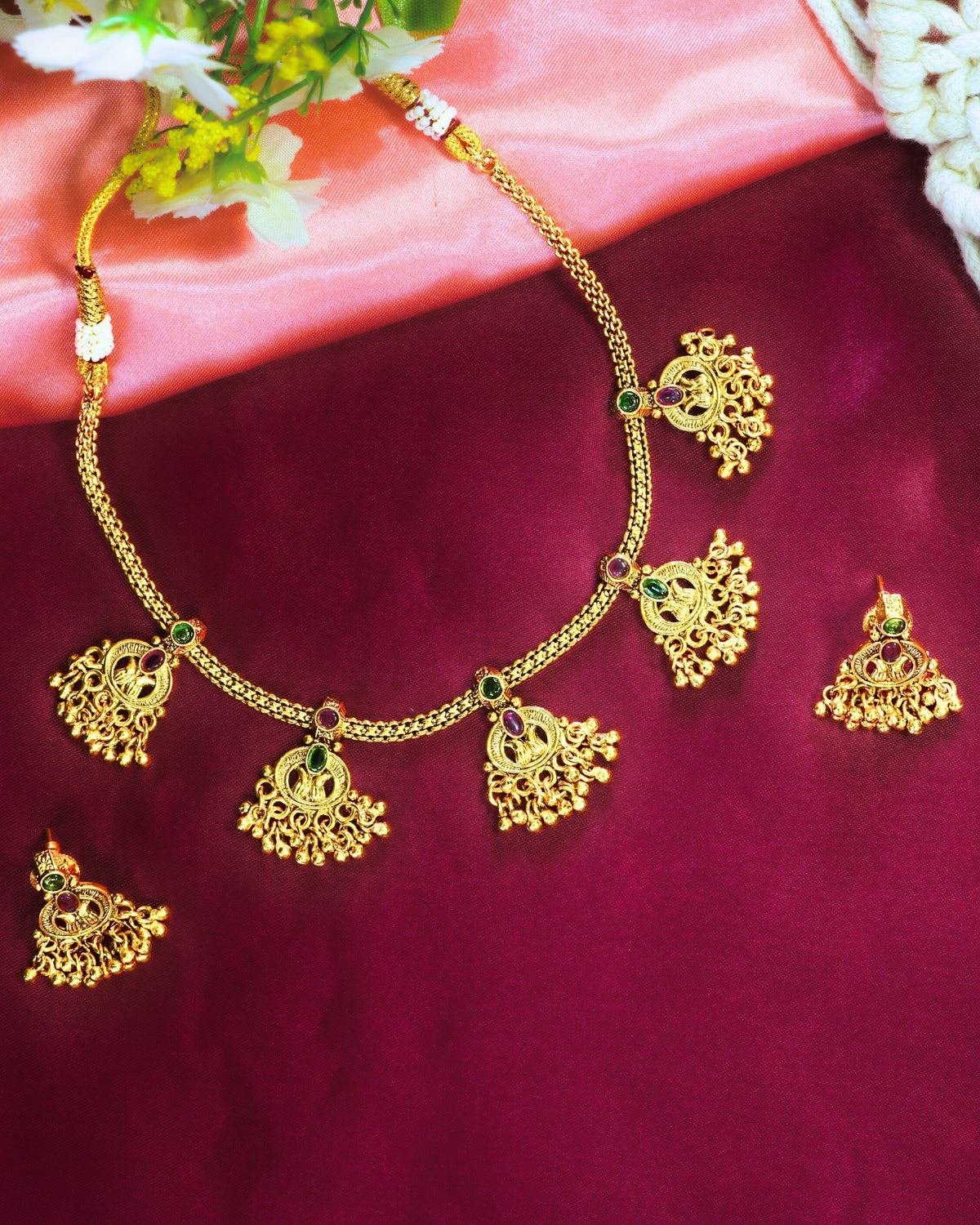 Gold-Plated Artificial Stone & Beaded Dangling Necklace Set