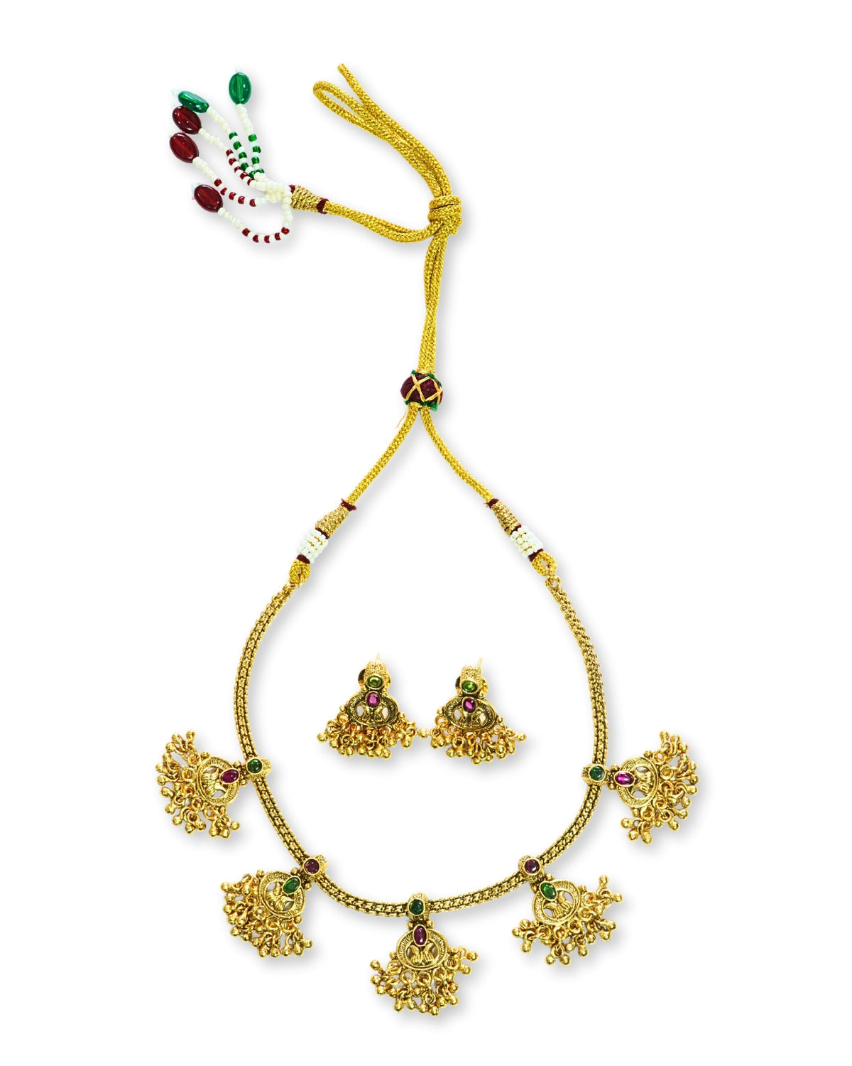 Gold-Plated Artificial Stone & Beaded Dangling Necklace Set