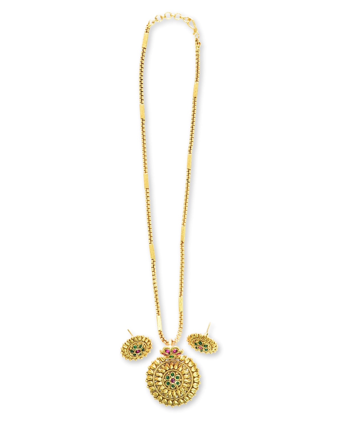 Floral Bold Round Pendant Chain Necklace Set