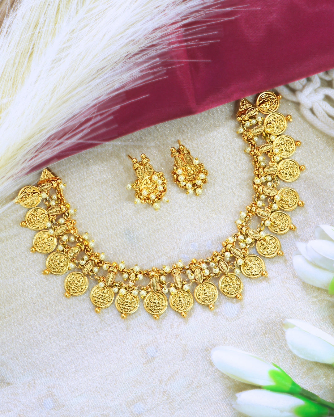 Laxmi Coin Matte Finish Pearl Necklace Set