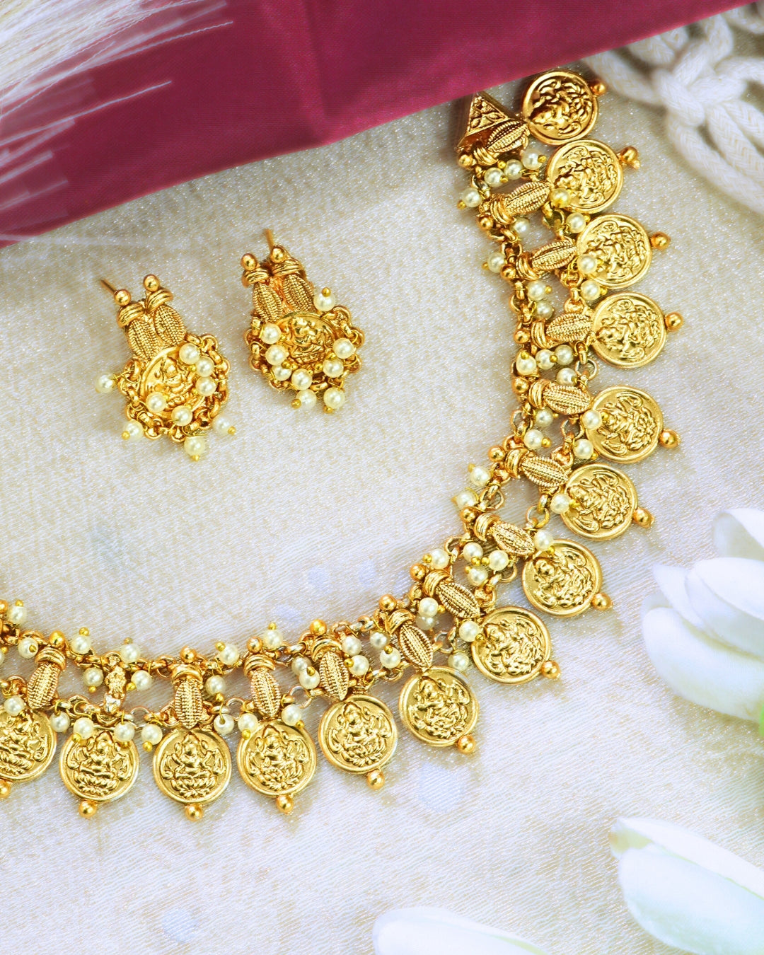 Laxmi Coin Matte Finish Pearl Necklace Set