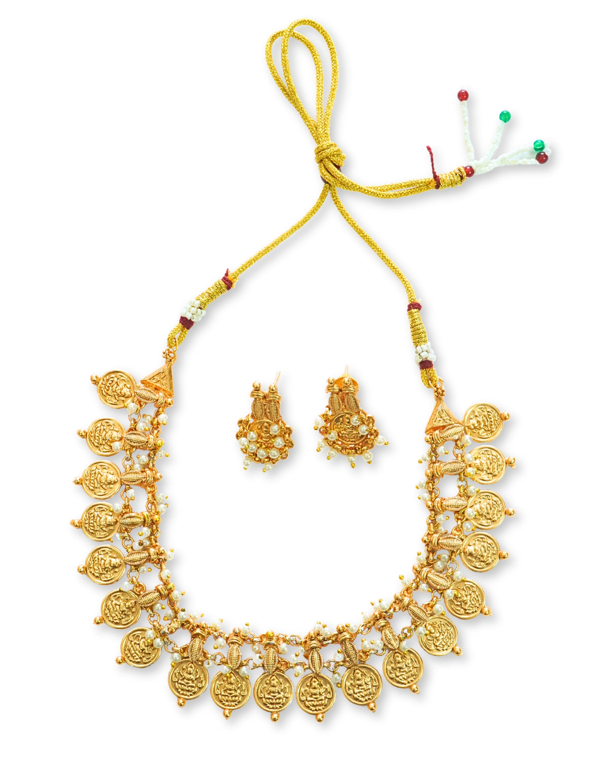 Laxmi Coin Matte Finish Pearl Necklace Set