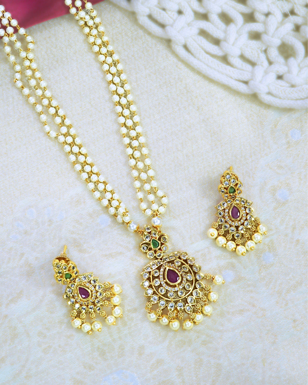 Multi-Strand Pearl Necklace Set with Ruby & AD Pendant