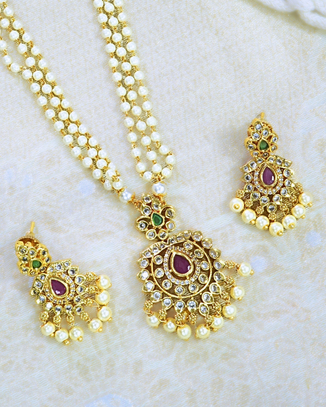 Multi-Strand Pearl Necklace Set with Ruby & AD Pendant
