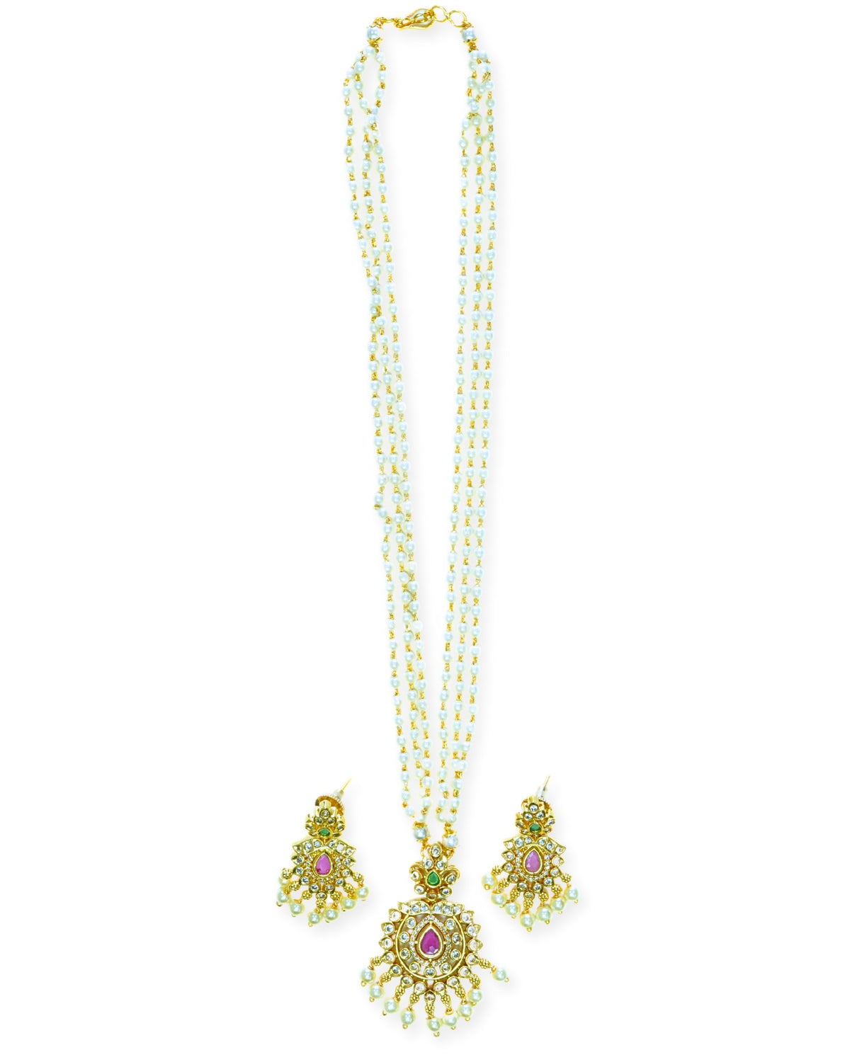 Multi-Strand Pearl Necklace Set with Ruby & AD Pendant