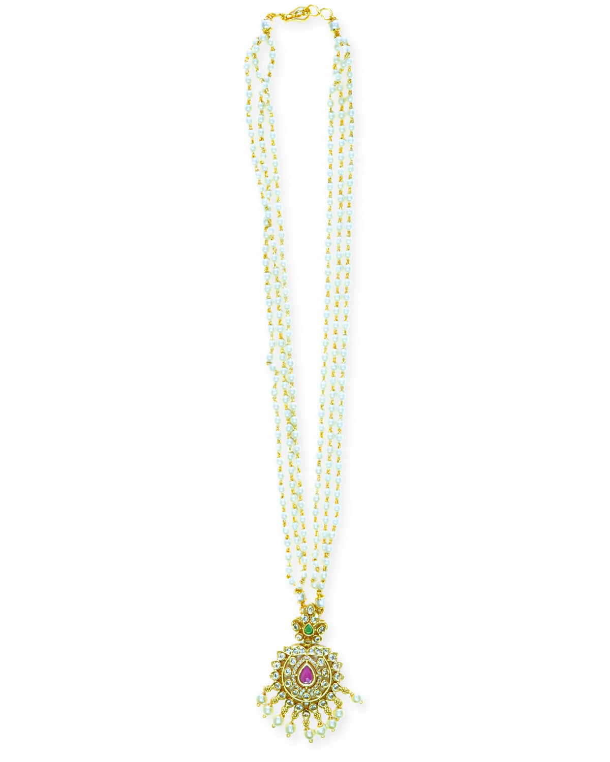 Multi-Strand Pearl Necklace Set with Ruby & AD Pendant