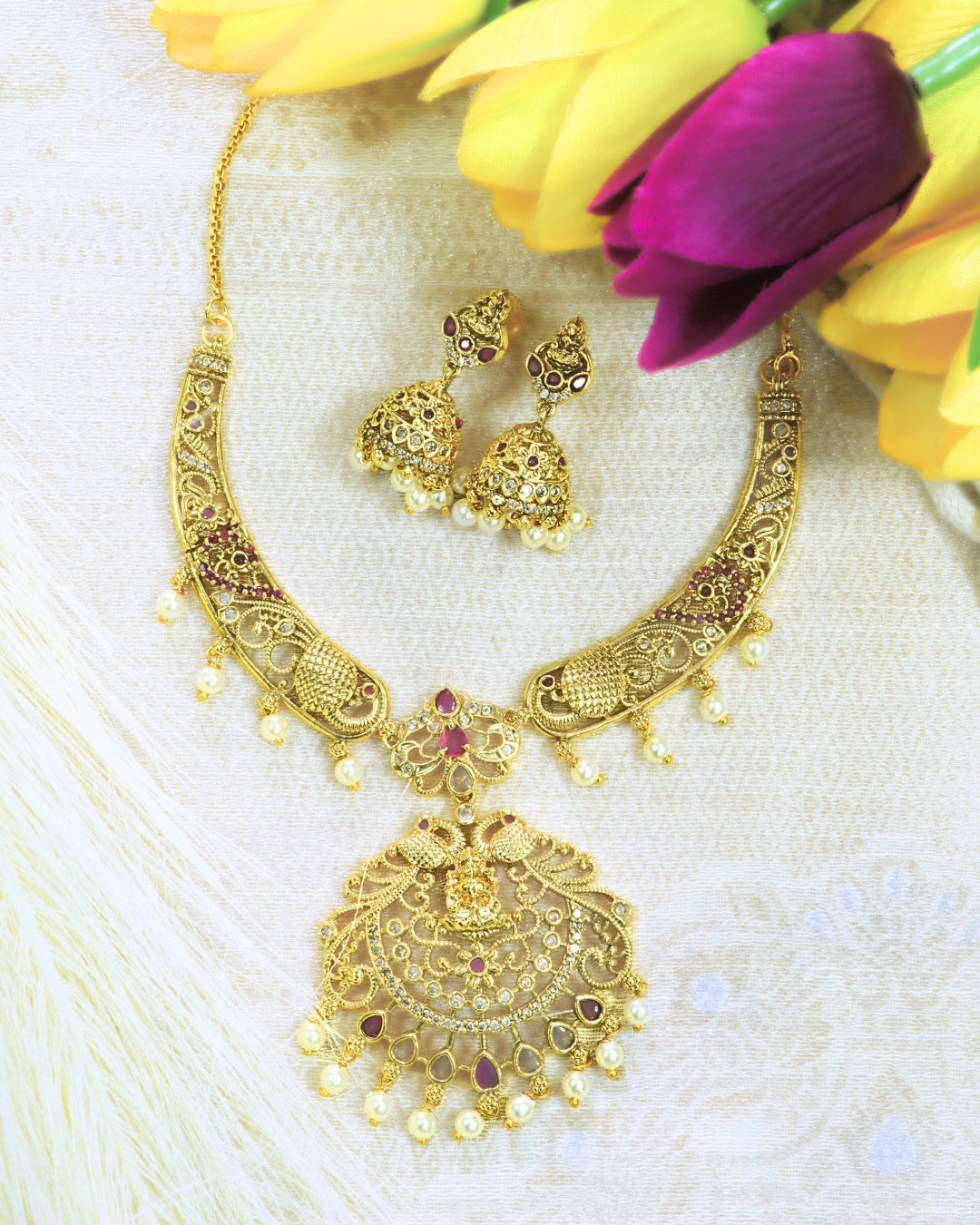 Traditional Temple Gold-Plated AD & Stone Studded Necklace Set