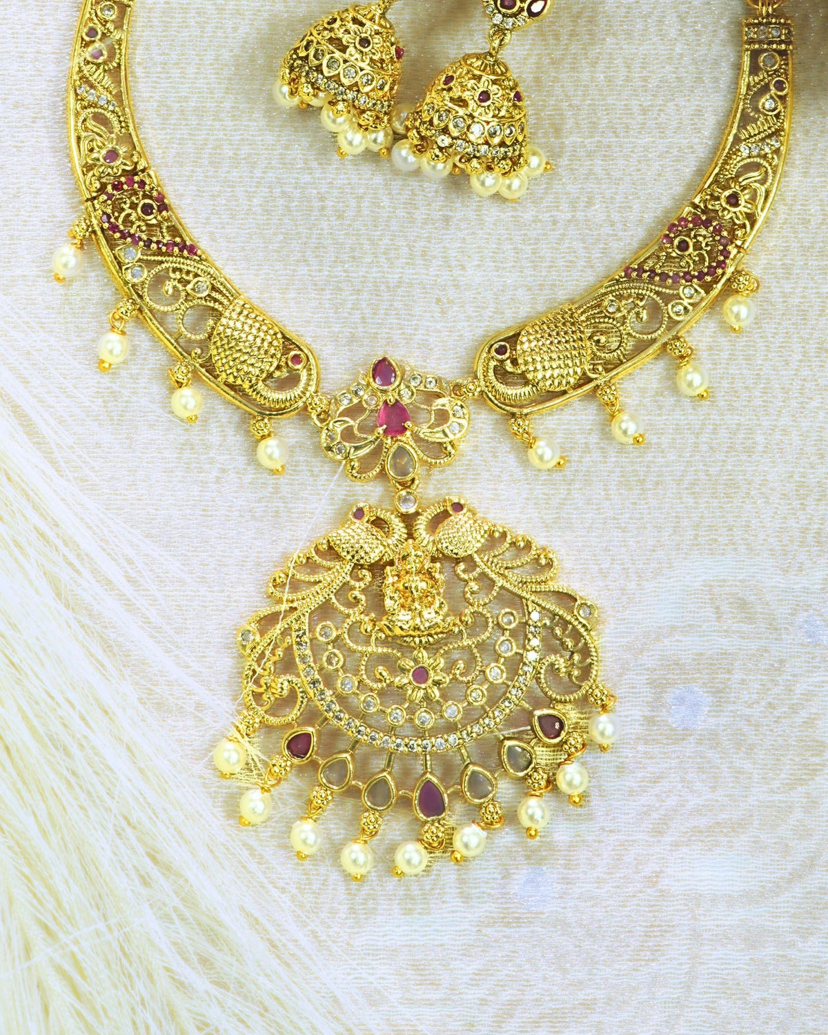 Traditional Temple Gold-Plated AD & Stone Studded Necklace Set