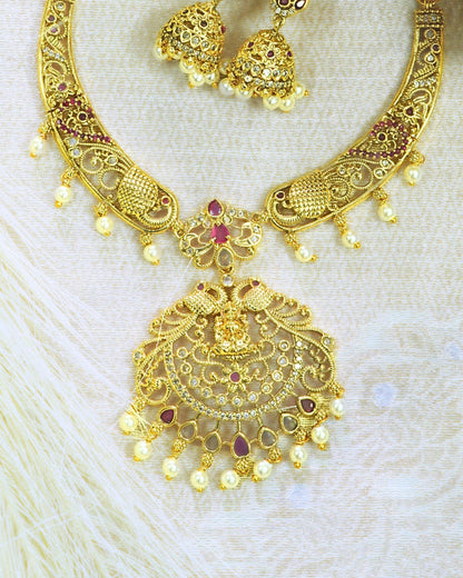 Traditional Temple Gold-Plated AD & Stone Studded Necklace Set
