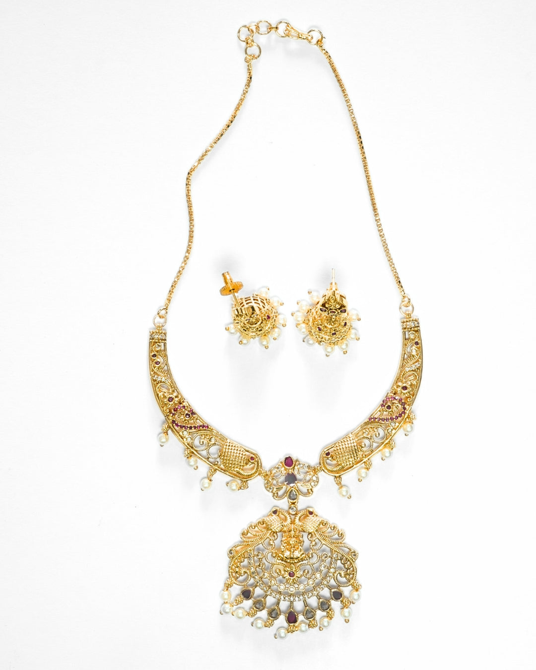 Traditional Temple Gold-Plated AD & Stone Studded Necklace Set