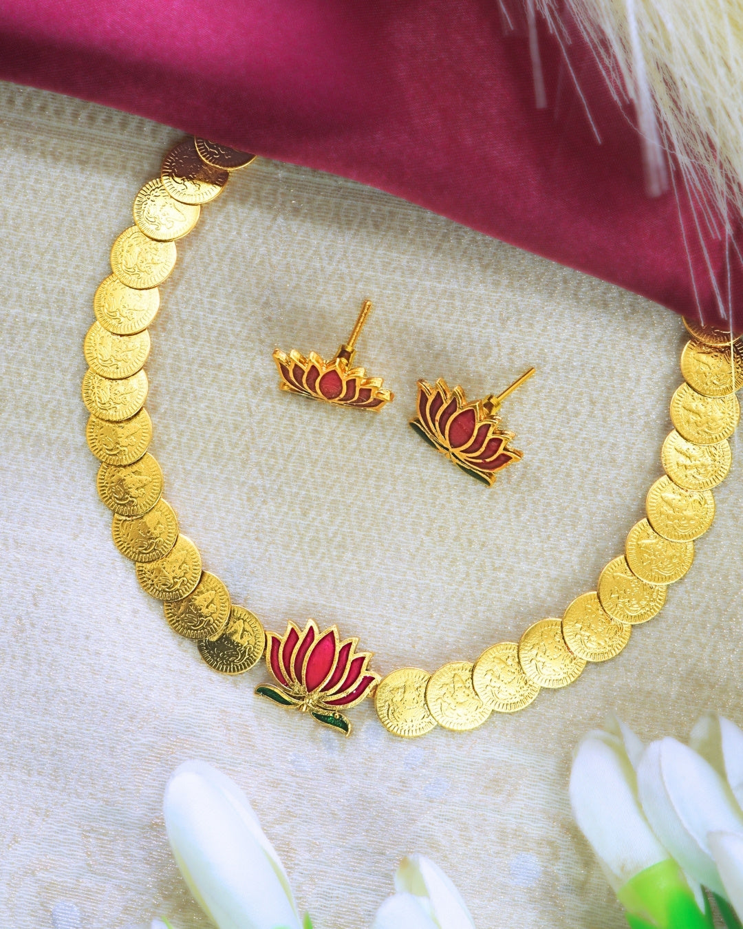 Laxmi Coin Pink Lotus Centerpiece Necklace Set