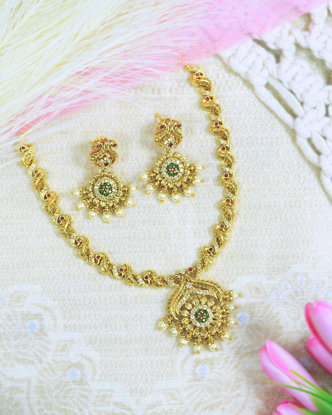 Leaf Pattern Gold plated AD Floral Necklace Set