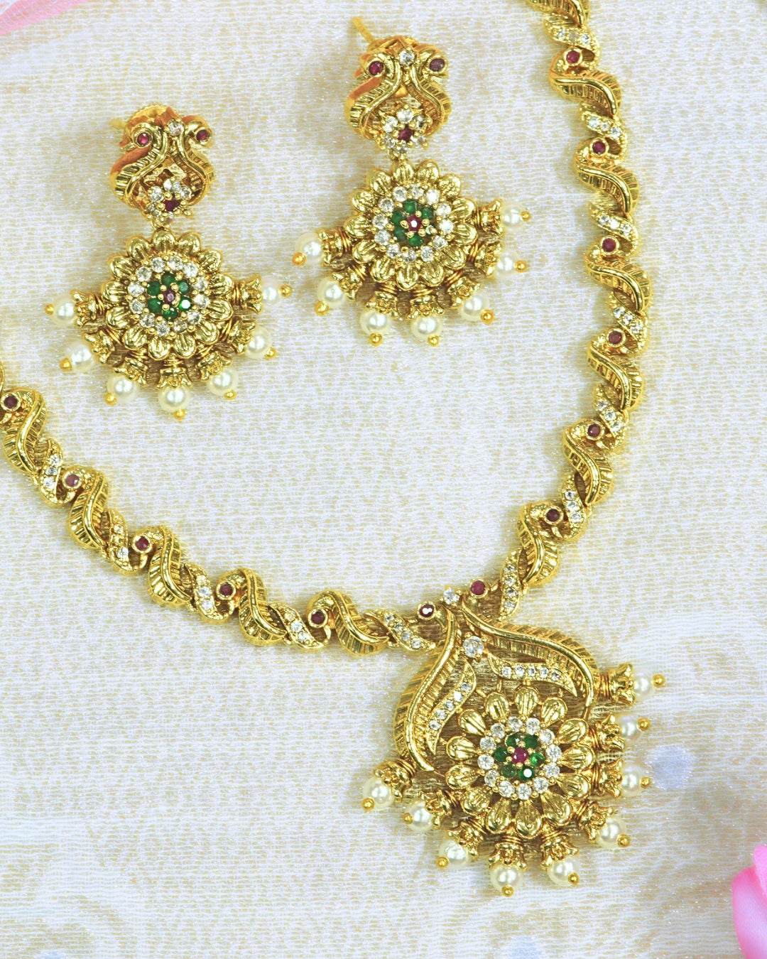 Leaf Pattern Gold plated AD Floral Necklace Set