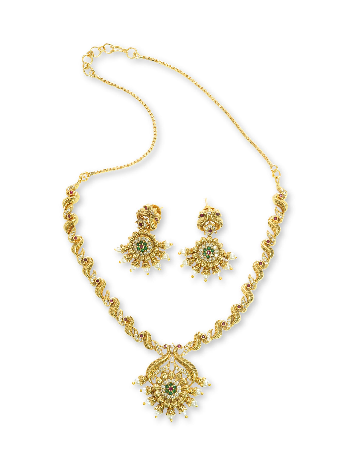 Leaf Pattern Gold plated AD Floral Necklace Set