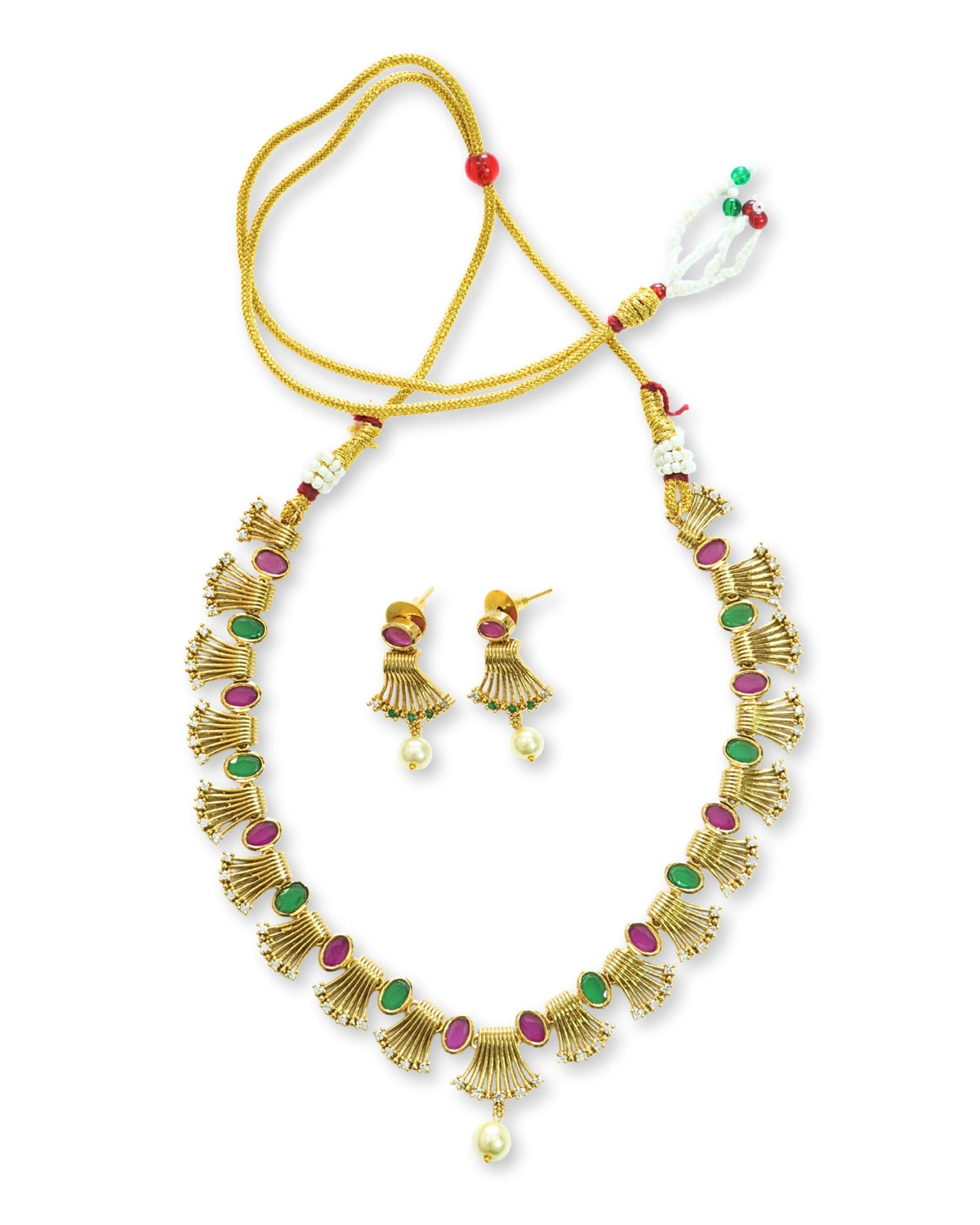 Red & Green Oval Crystal Fan Pattern AD Necklace Set