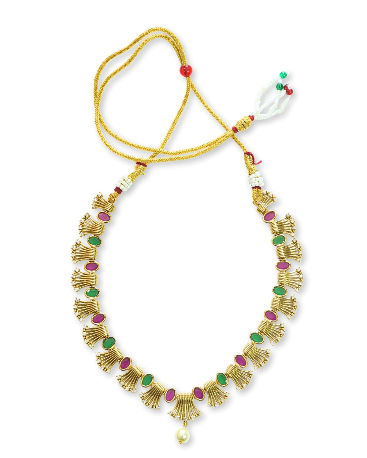 Red & Green Oval Crystal Fan Pattern AD Necklace Set