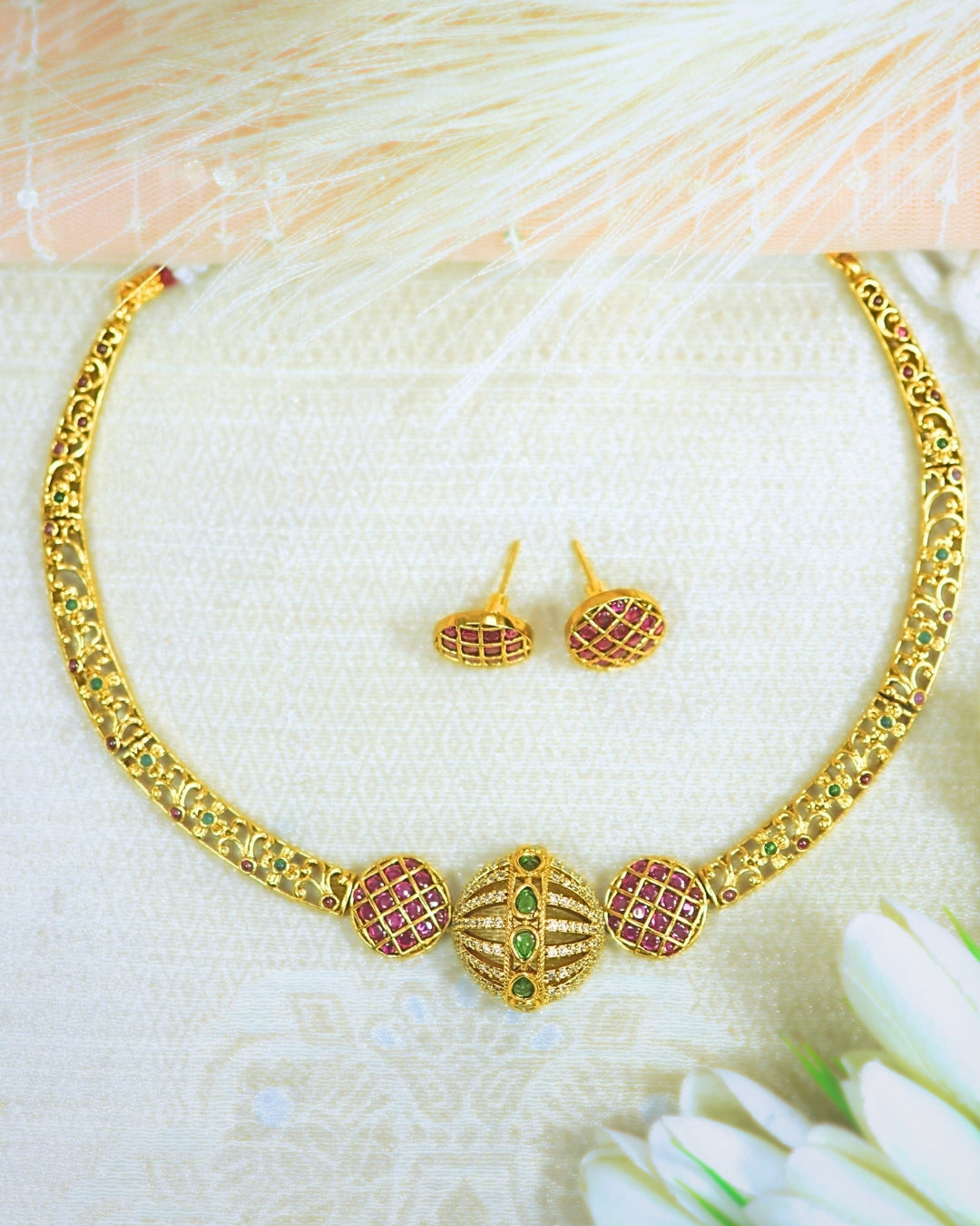 Gold-Plated Hasli Style Red & Green Stone Necklace Set