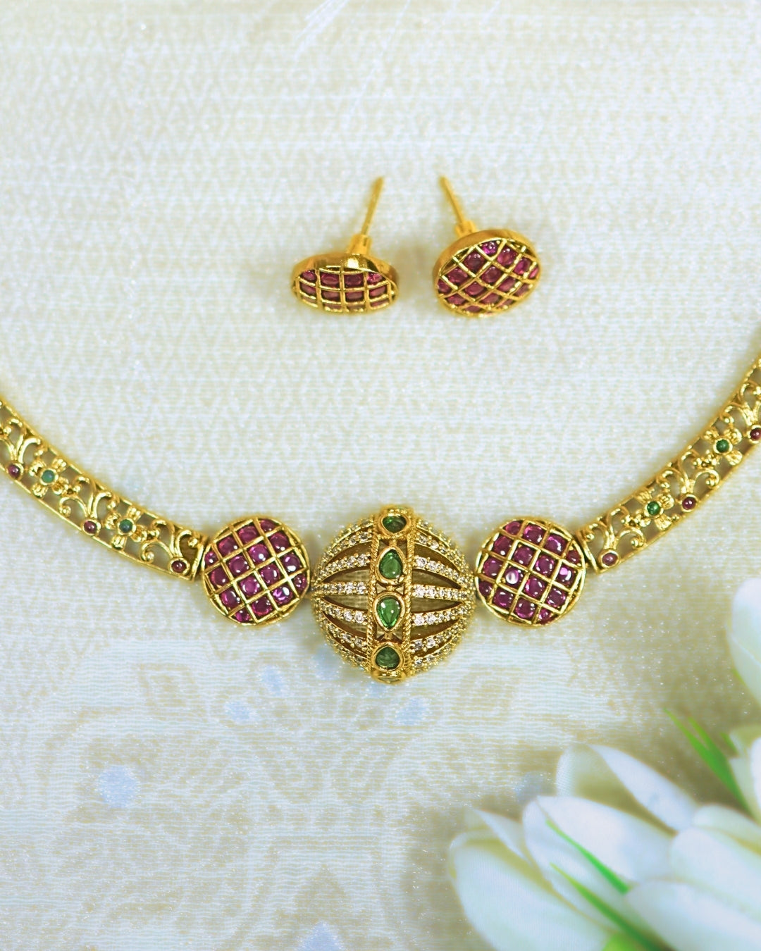 Gold-Plated Hasli Style Red & Green Stone Necklace Set