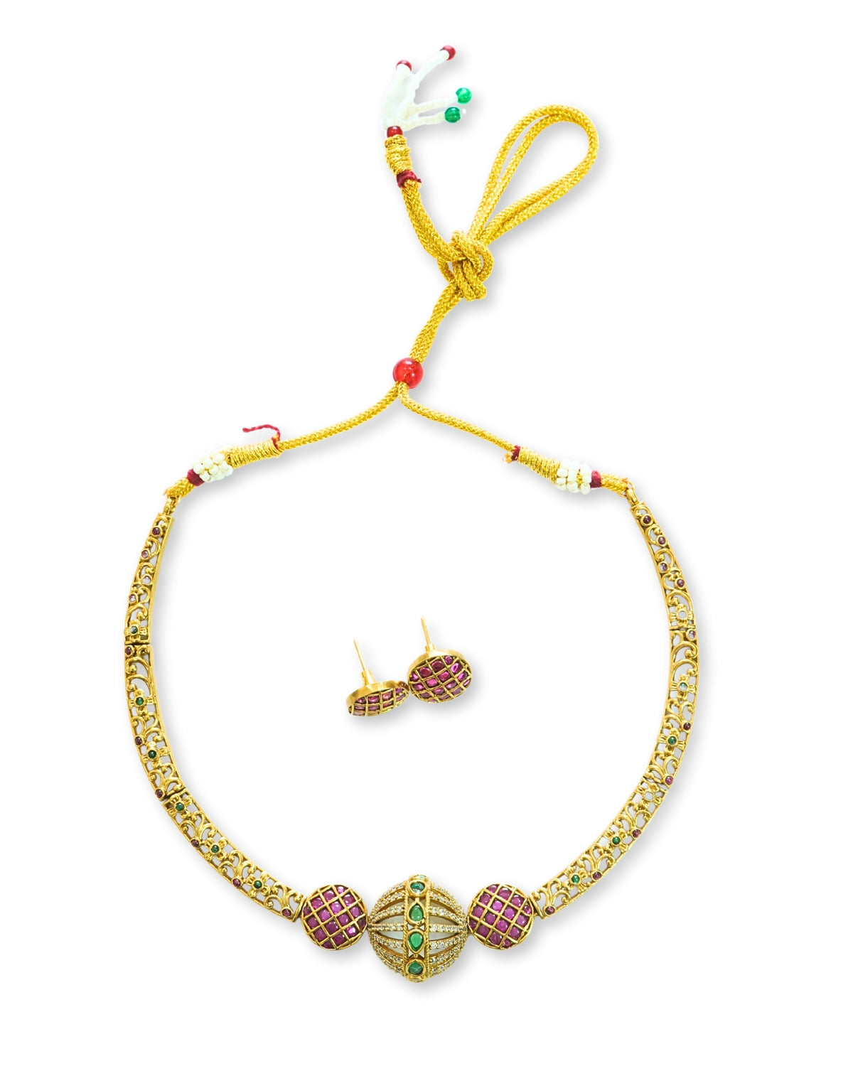 Gold-Plated Hasli Style Red & Green Stone Necklace Set