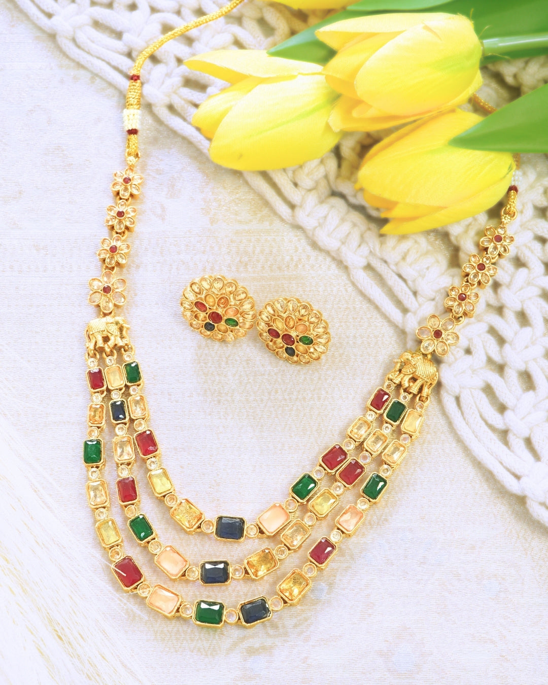 Multilayer Necklace with Multicolour Crystal Studded Earrings