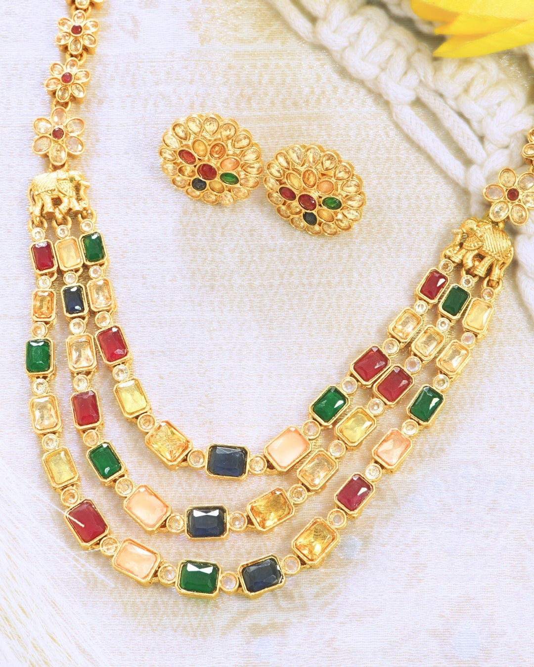 Multilayer Necklace with Multicolour Crystal Studded Earrings