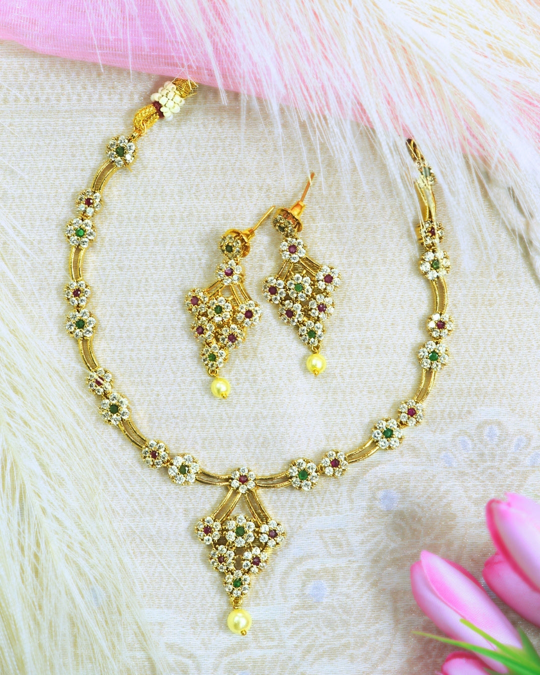 22K Gold-Plated AD & Multicolour Stone Necklace Set