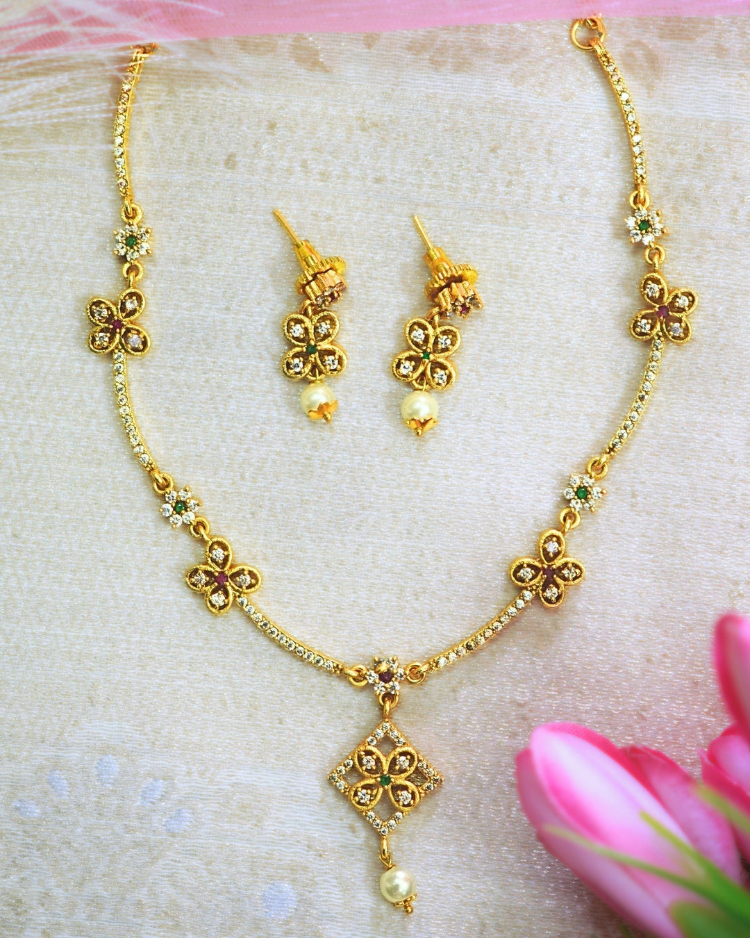 Diamond-Shaped Gold-Plated AD Studded Necklace Set