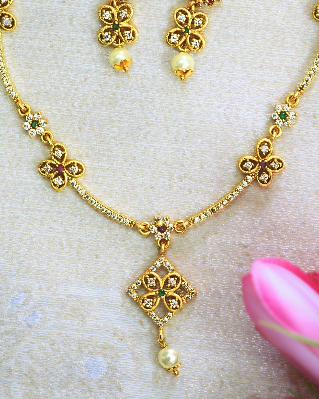 Diamond-Shaped Gold-Plated AD Studded Necklace Set