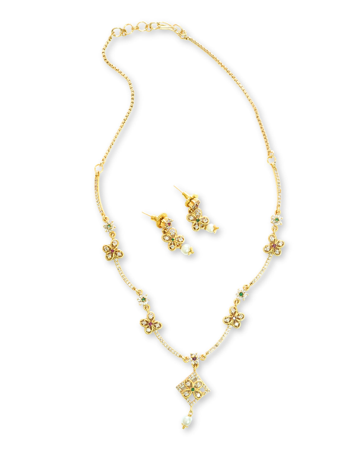 Diamond-Shaped Gold-Plated AD Studded Necklace Set