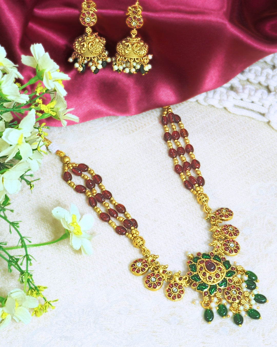 Gold-Plated Red & Green Beaded Stone Necklace Set