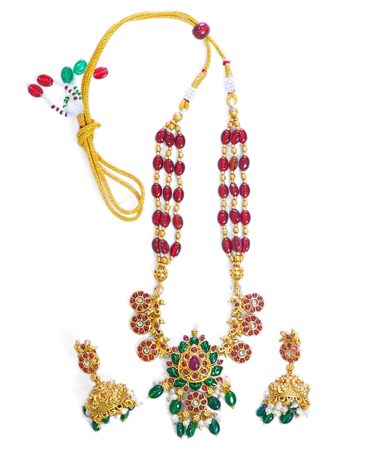 Gold-Plated Red & Green Beaded Stone Necklace Set