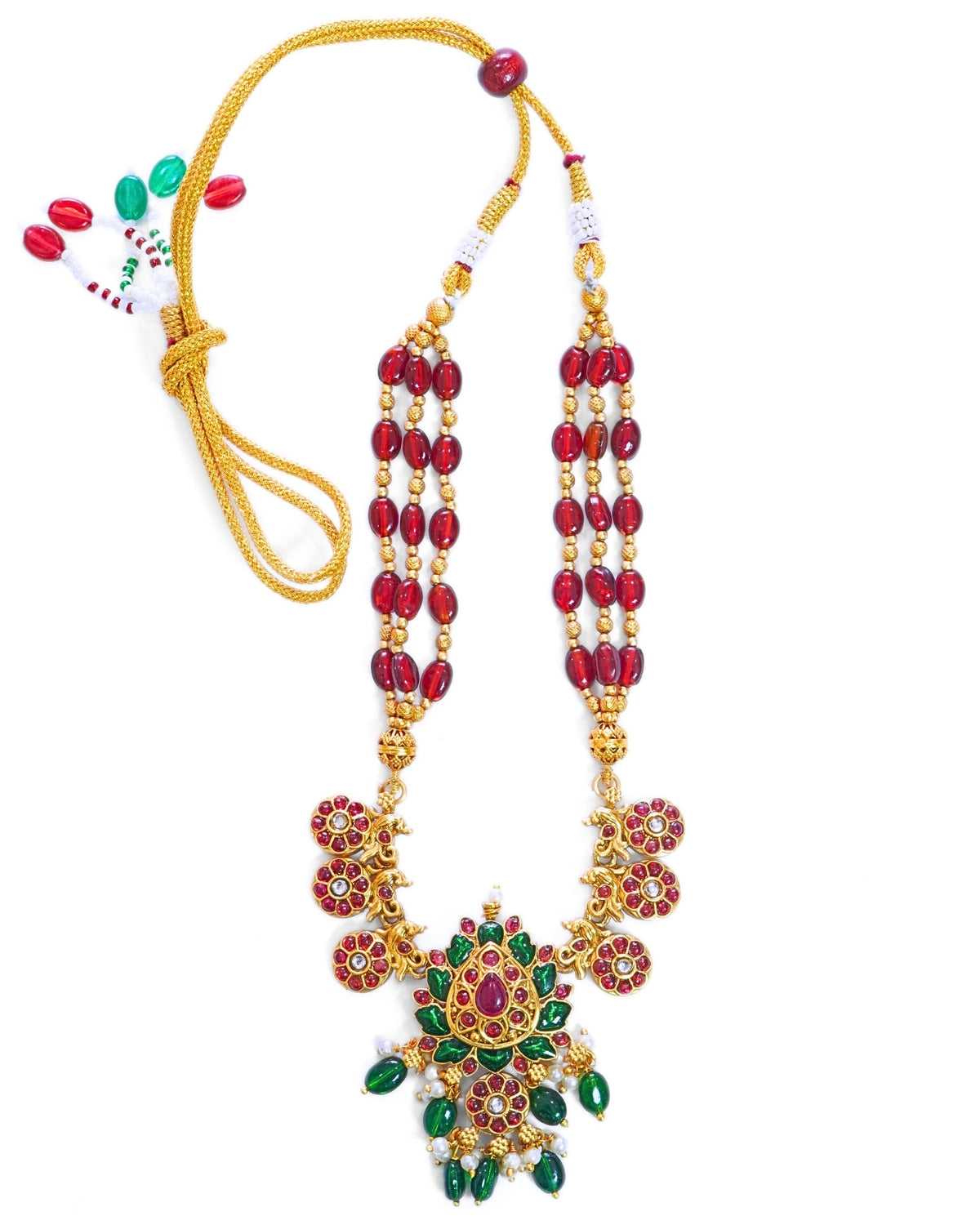 Gold-Plated Red & Green Beaded Stone Necklace Set