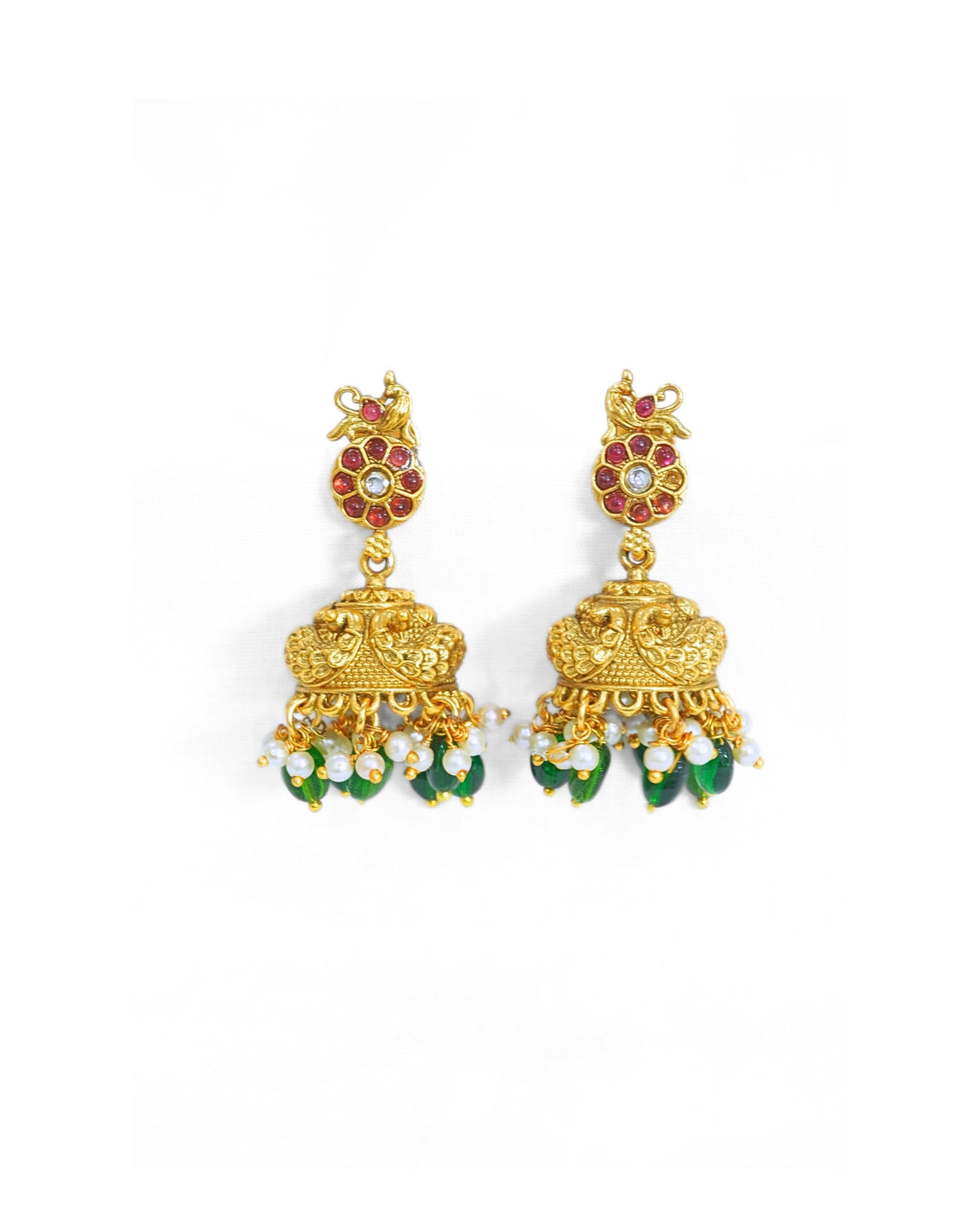 Gold-Plated Red & Green Beaded Stone Necklace Set