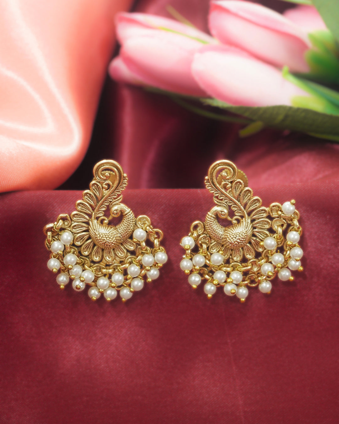 Gold-Plated Peacock Feather Design Stud Earrings