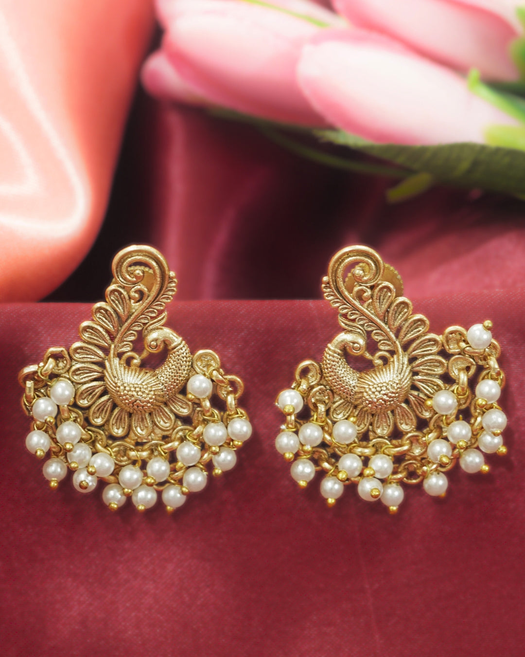 Gold-Plated Peacock Feather Design Stud Earrings