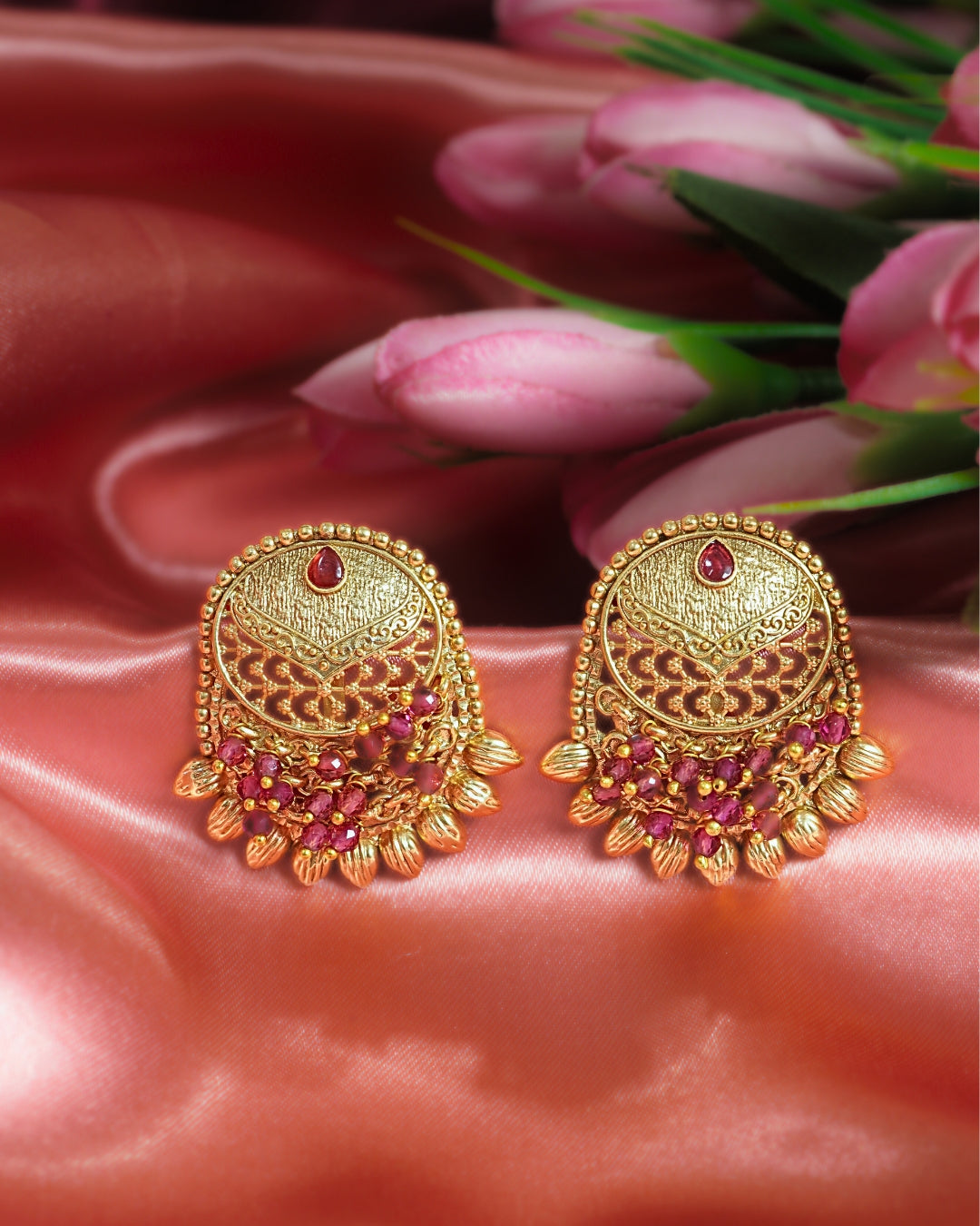 Flat Oval Earrings with Ruby Top & Beaded Drops
