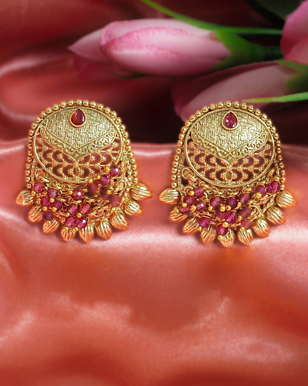 Flat Oval Earrings with Ruby Top & Beaded Drops