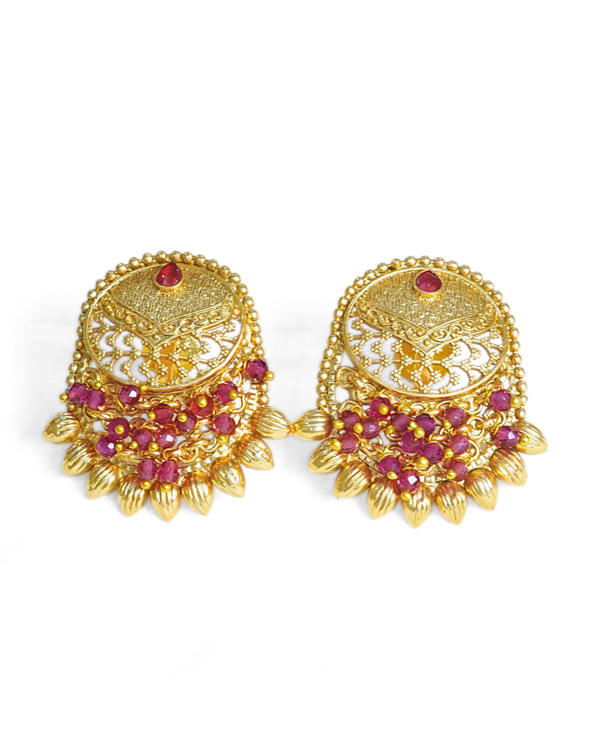 Flat Oval Earrings with Ruby Top & Beaded Drops